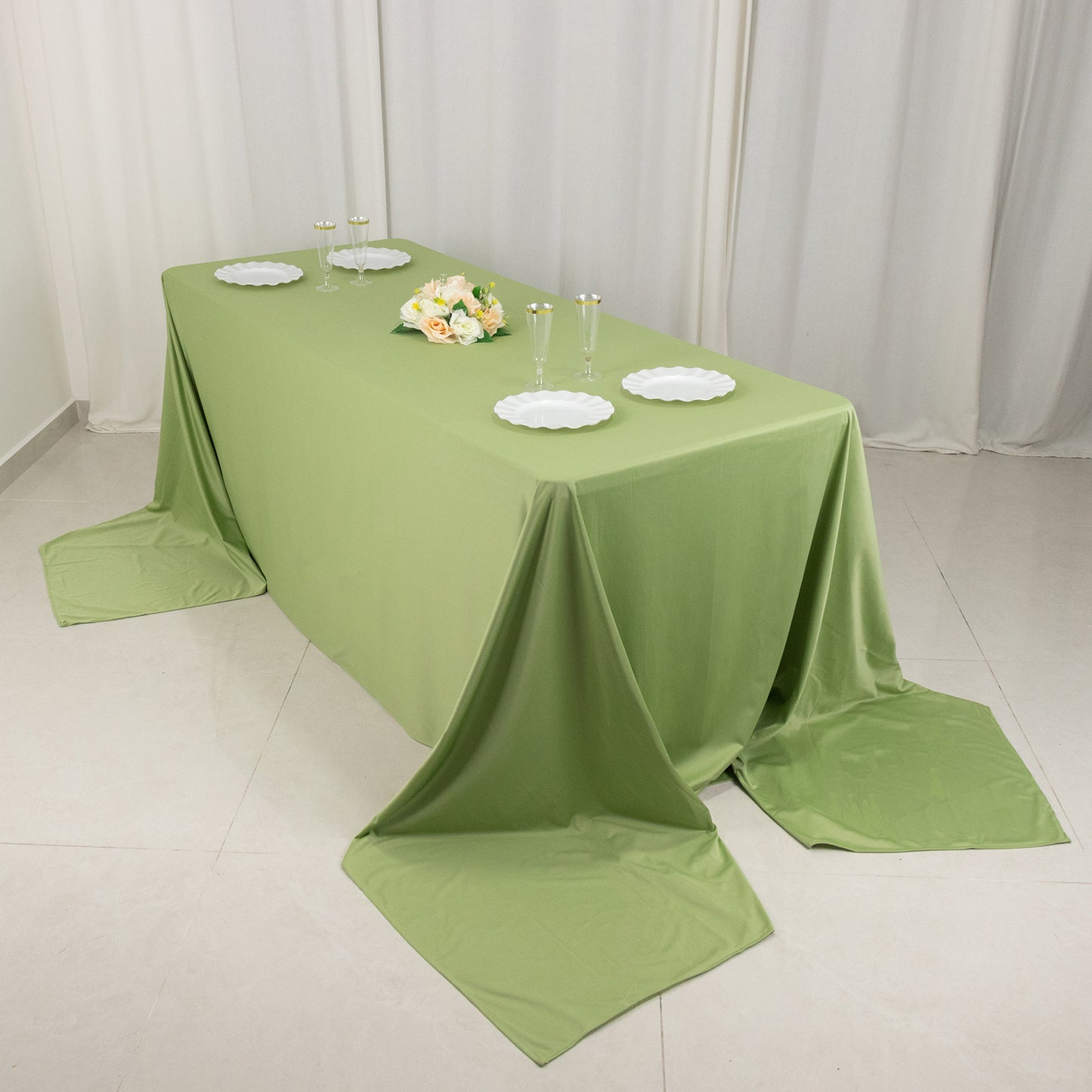 90"x156" Sage Green Premium Scuba Wrinkle Free Rectangular Tablecloth, Seamless Scuba Polyester Tablecloth