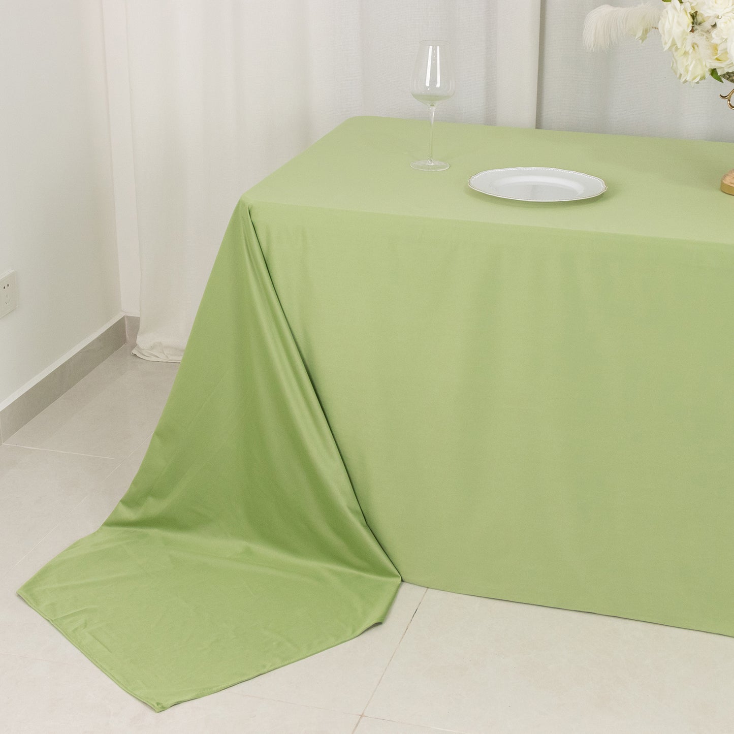 90"x156" Sage Green Premium Scuba Wrinkle Free Rectangular Tablecloth, Seamless Scuba Polyester Tablecloth