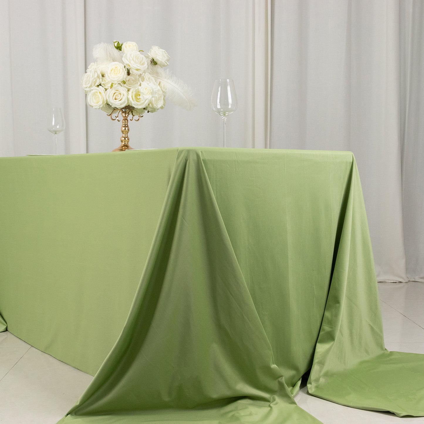 90"x156" Sage Green Premium Scuba Wrinkle Free Rectangular Tablecloth, Seamless Scuba Polyester Tablecloth