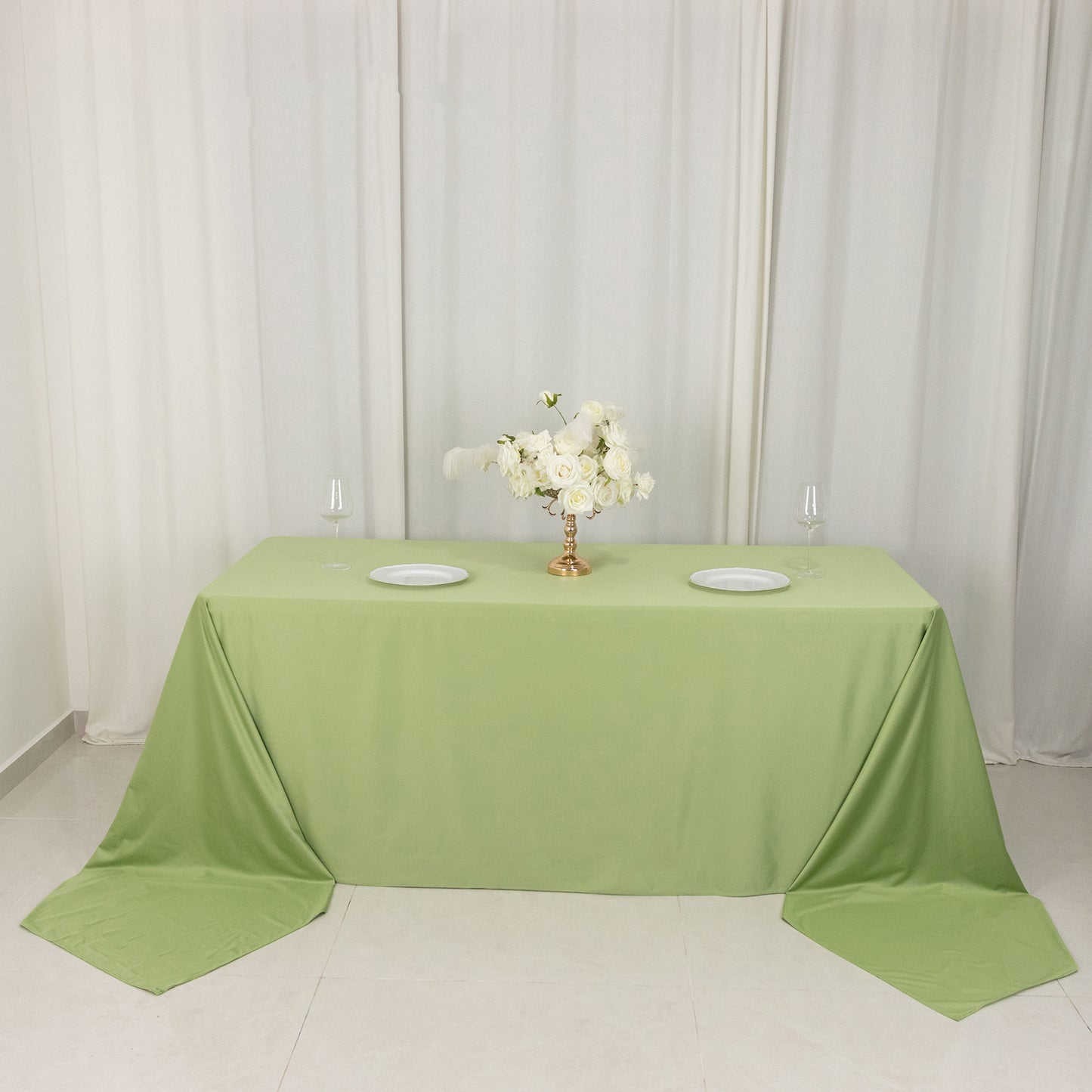 90"x156" Sage Green Premium Scuba Wrinkle Free Rectangular Tablecloth, Seamless Scuba Polyester Tablecloth