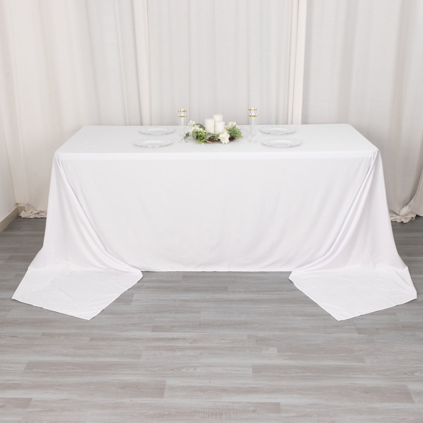 90"x156" White Scuba Wrinkle Free Rectangular Tablecloth, Seamless Scuba Polyester Tablecloth