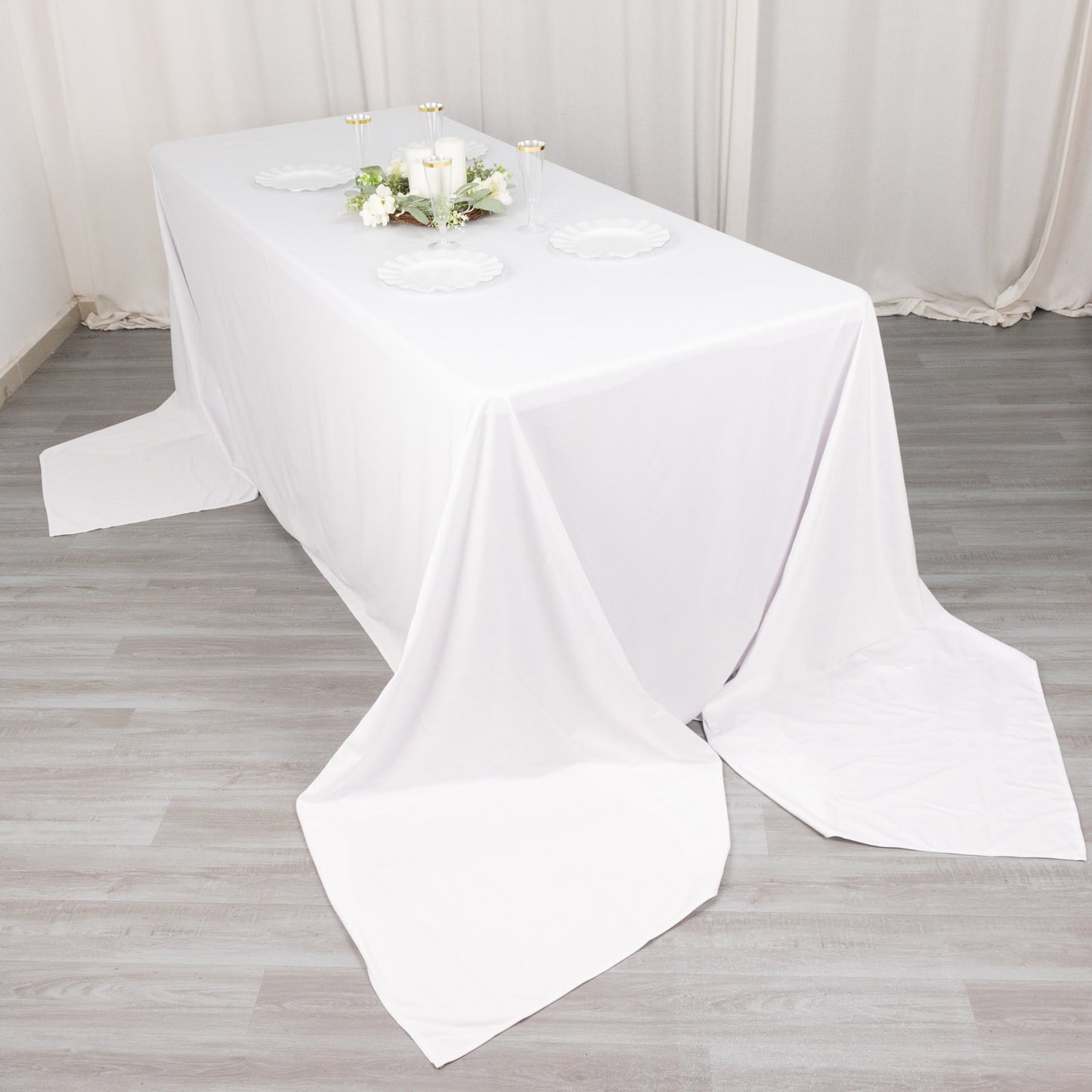 90"x156" White Scuba Wrinkle Free Rectangular Tablecloth, Seamless Scuba Polyester Tablecloth