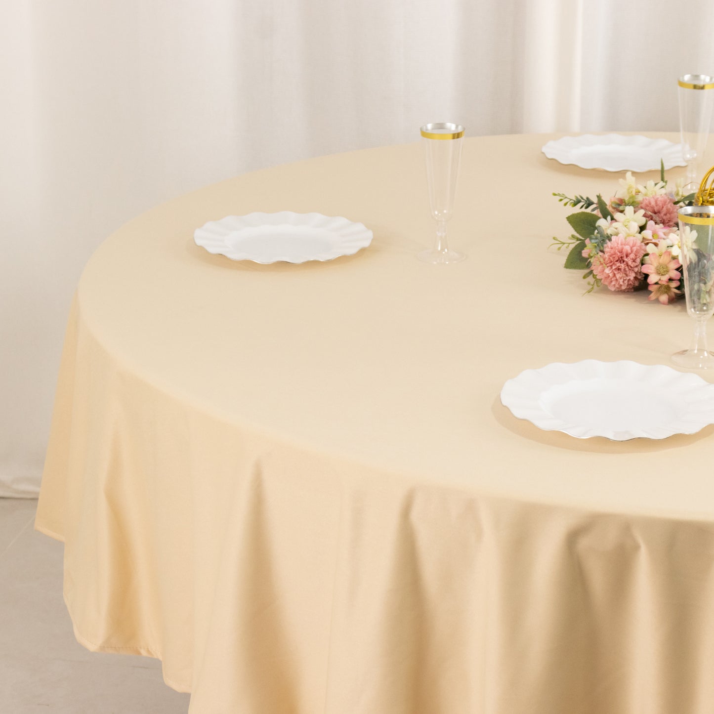 90" Beige Premium Scuba Wrinkle Free Round Tablecloth, Scuba Polyester Tablecloth