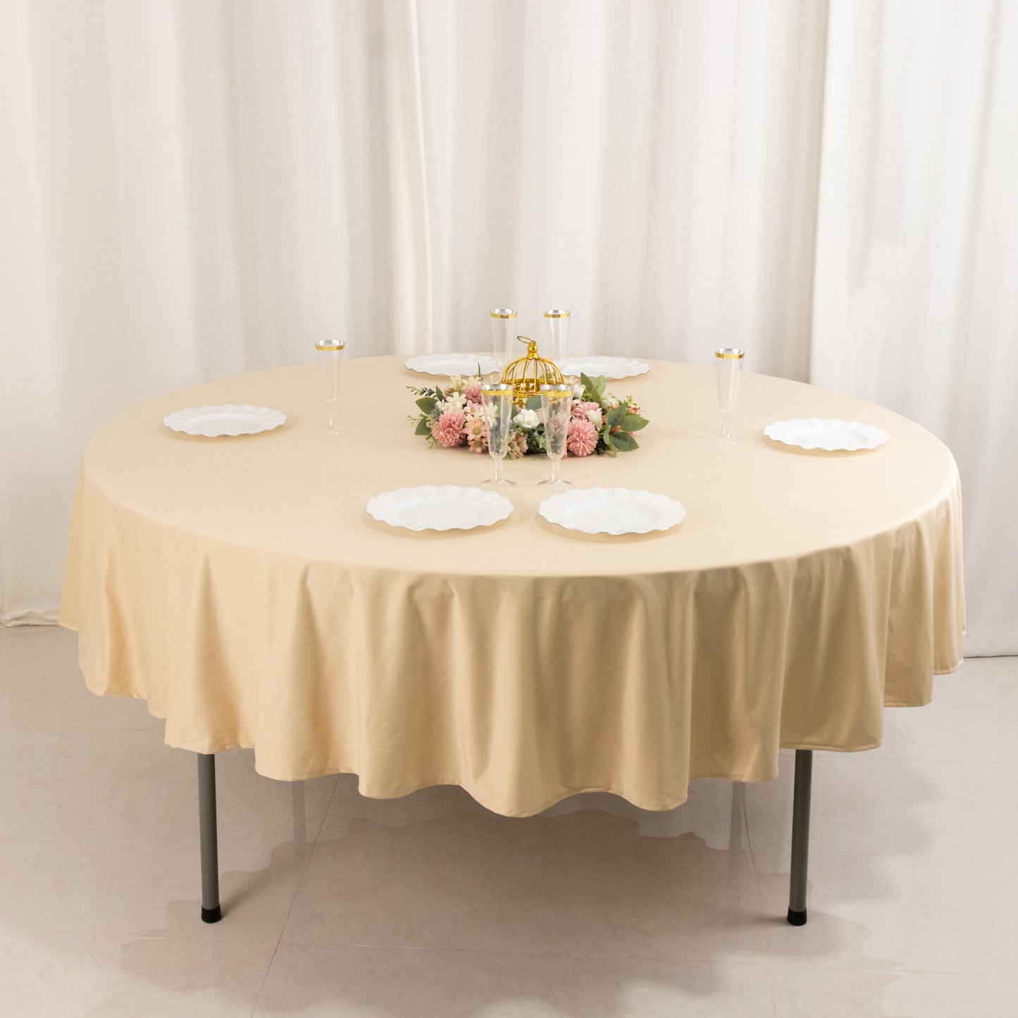 90" Beige Premium Scuba Wrinkle Free Round Tablecloth, Scuba Polyester Tablecloth