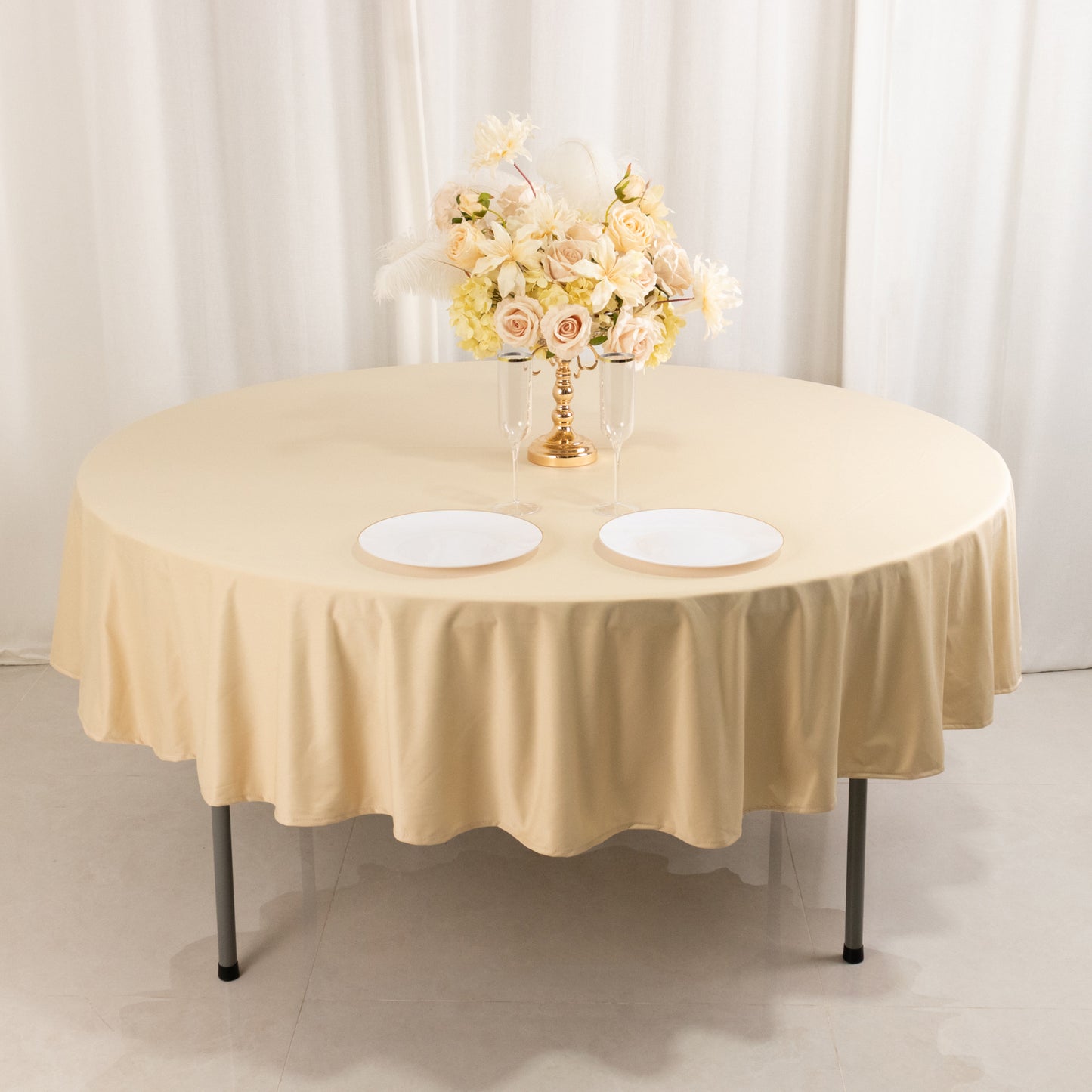 90" Beige Premium Scuba Wrinkle Free Round Tablecloth, Scuba Polyester Tablecloth