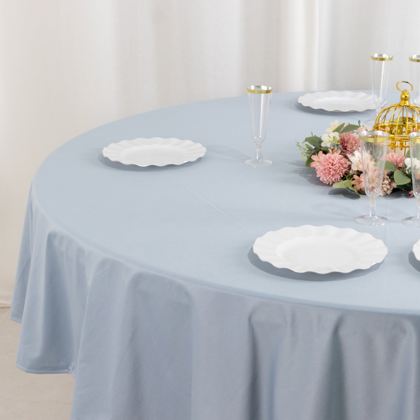 90" Dusty Blue Premium Scuba Wrinkle Free Round Tablecloth, Scuba Polyester Tablecloth