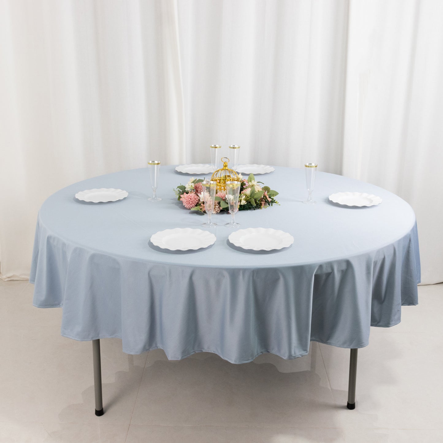 90" Dusty Blue Premium Scuba Wrinkle Free Round Tablecloth, Scuba Polyester Tablecloth