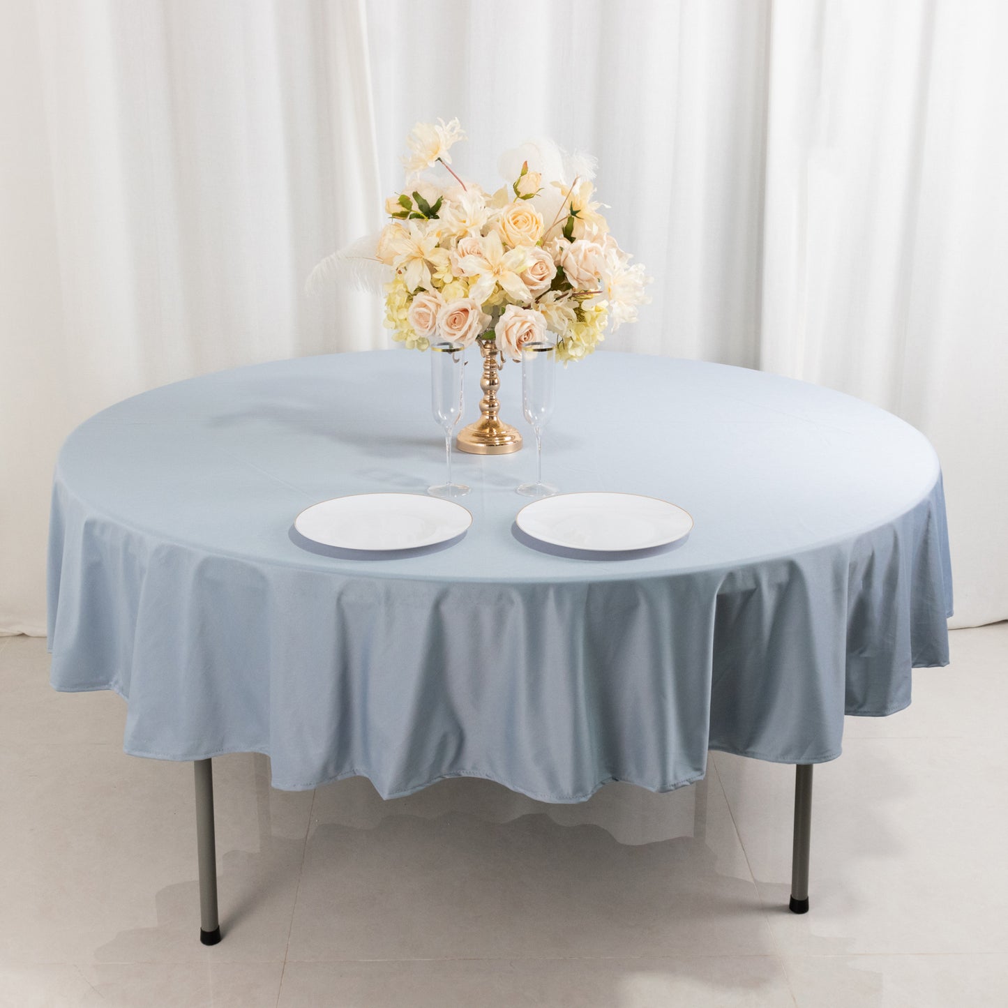 90" Dusty Blue Premium Scuba Wrinkle Free Round Tablecloth, Scuba Polyester Tablecloth