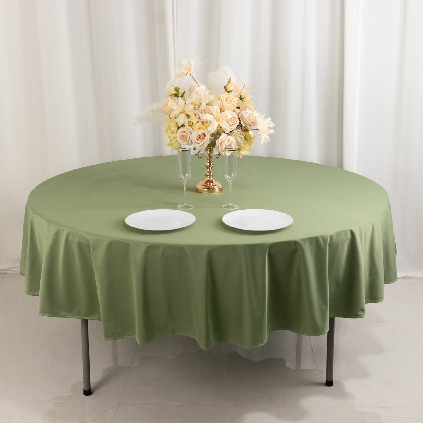 90" Dusty Sage Green Premium Scuba Wrinkle Free Round Tablecloth, Scuba Polyester Tablecloth