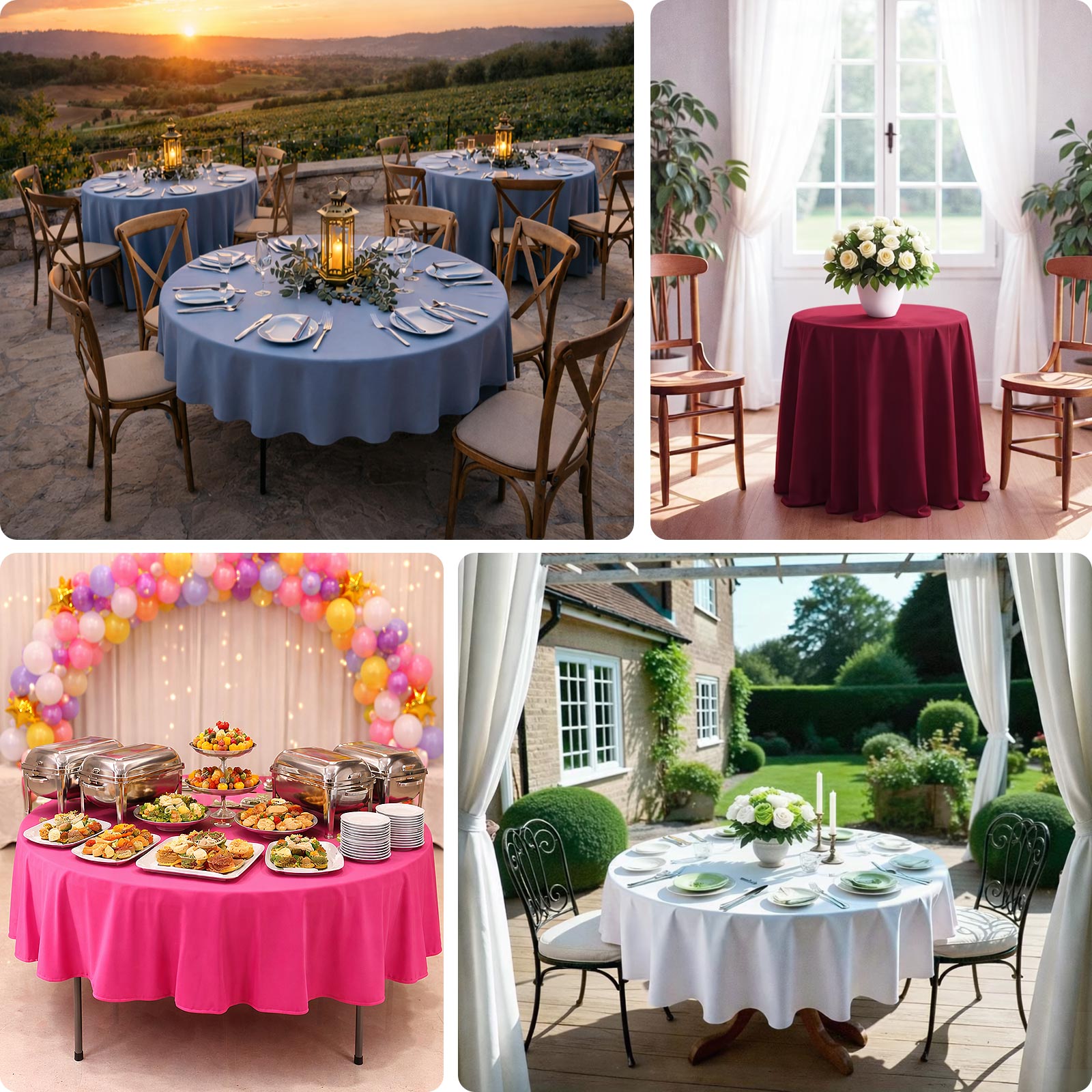 90" red scuba wrinkle-free round tablecloth on a round table.