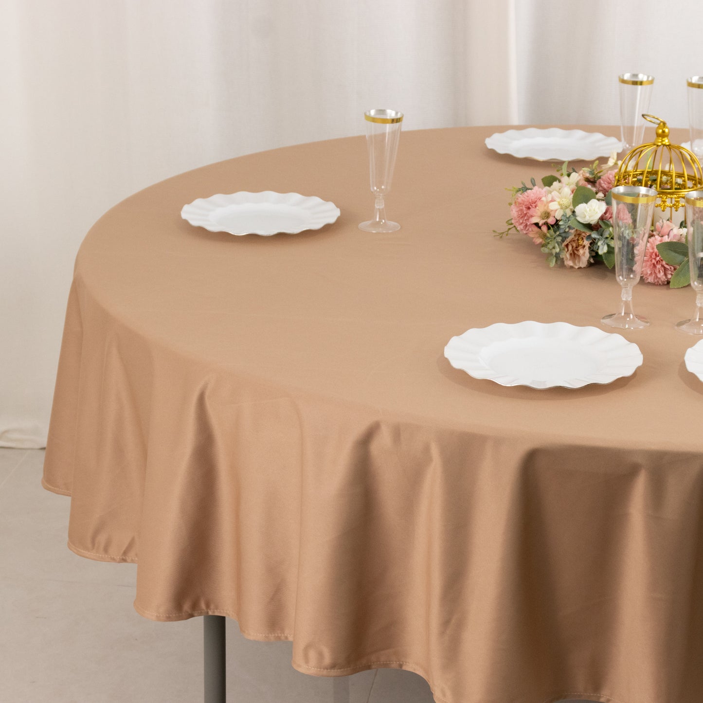 90" Nude Premium Scuba Wrinkle Free Round Tablecloth, Scuba Polyester Tablecloth