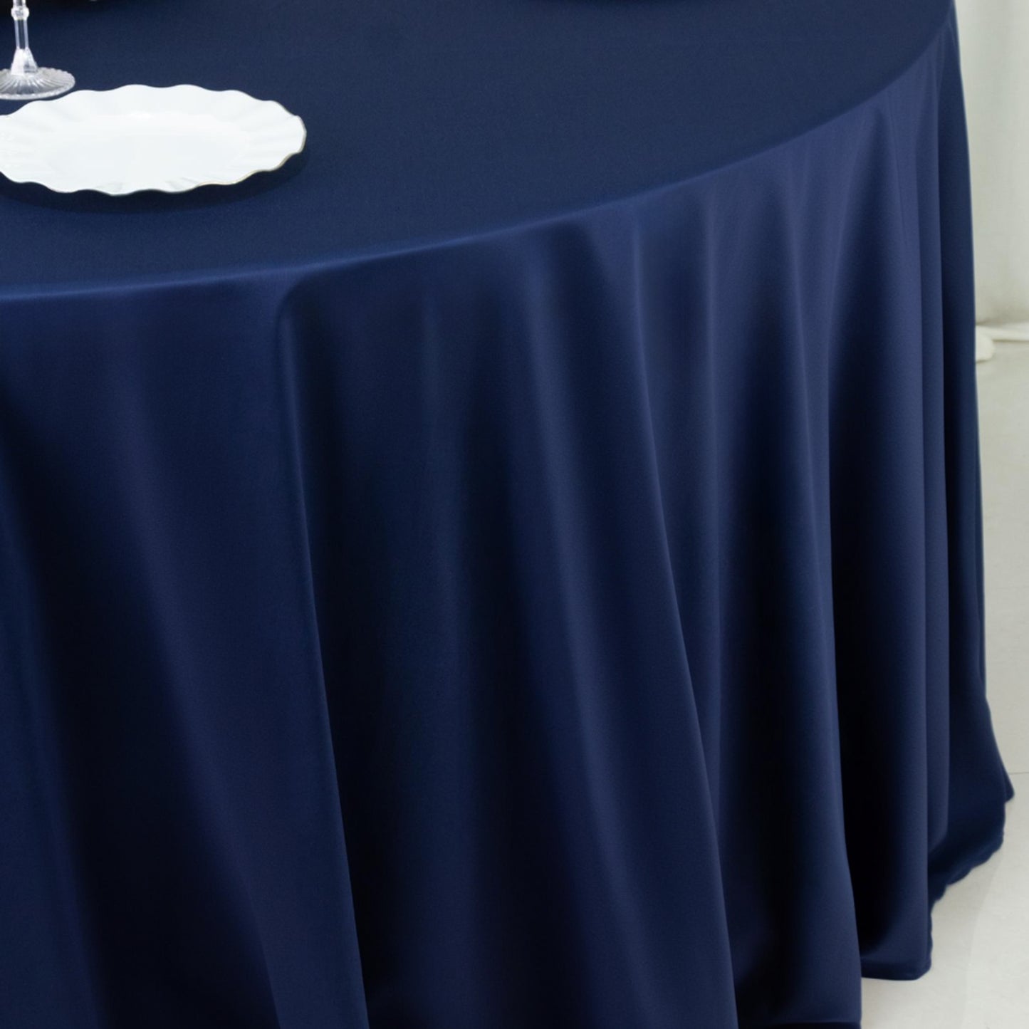 Fire Retardant Scuba Tablecloth – 120" Round Navy Blue, Wrinkle Free, Stain Resistant, Seamless Polyester Cover
