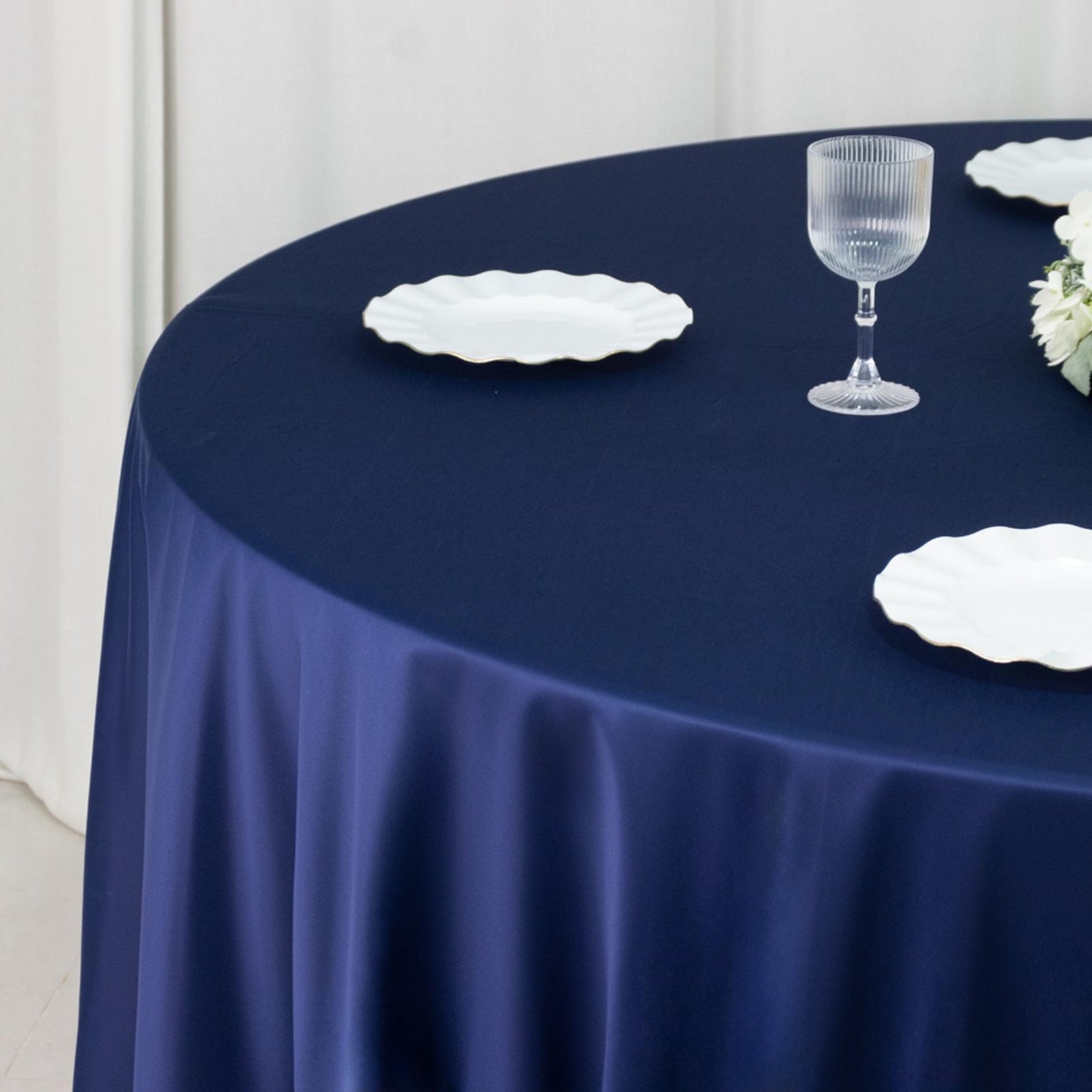 Fire Retardant Scuba Tablecloth – 120" Round Navy Blue, Wrinkle Free, Stain Resistant, Seamless Polyester Cover