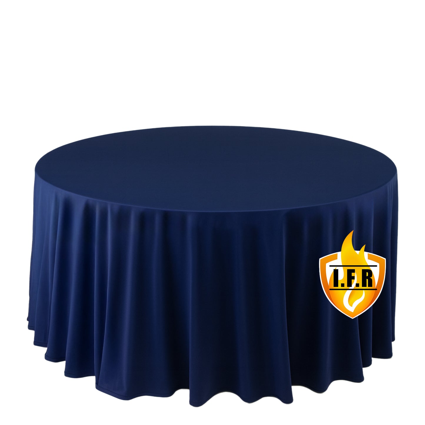 Fire Retardant Scuba Tablecloth – 120" Round Navy Blue, Wrinkle Free, Stain Resistant, Seamless Polyester Cover