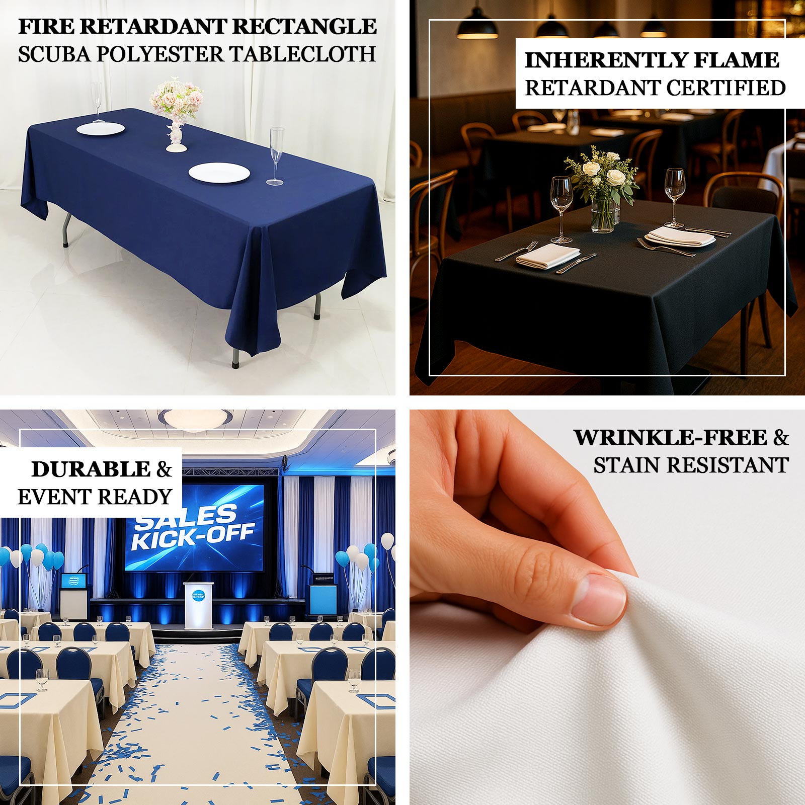Fire Retardant Scuba Tablecloth – 60"x102" Rectangle, Wrinkle Free, Stain Resistant Polyester Cover