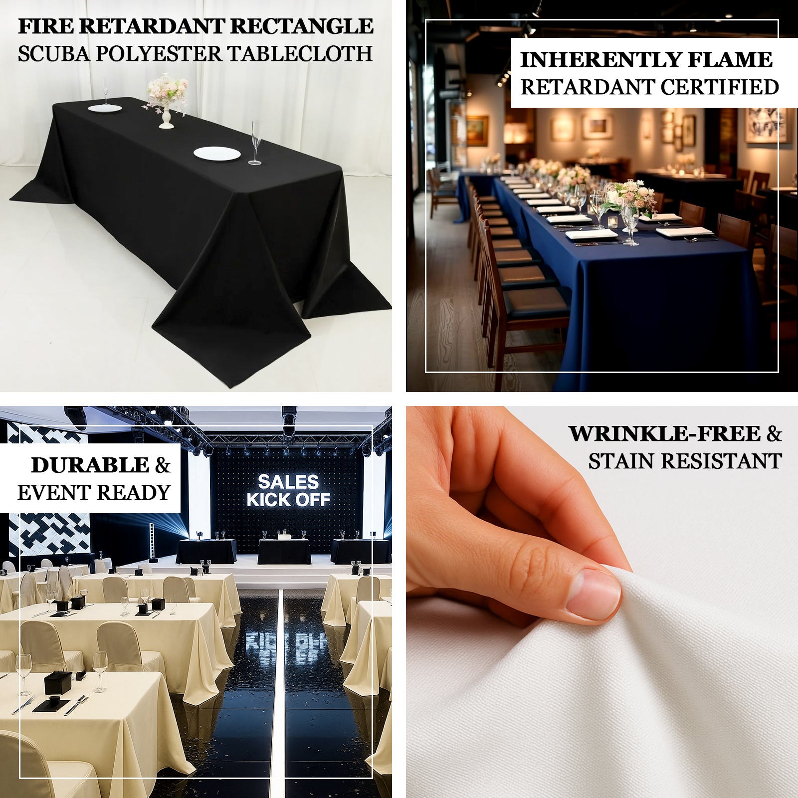 Fire Retardant Scuba Tablecloth – 90"x132" Rectangle, Wrinkle Free, Stain Resistant, Seamless Polyester Cover