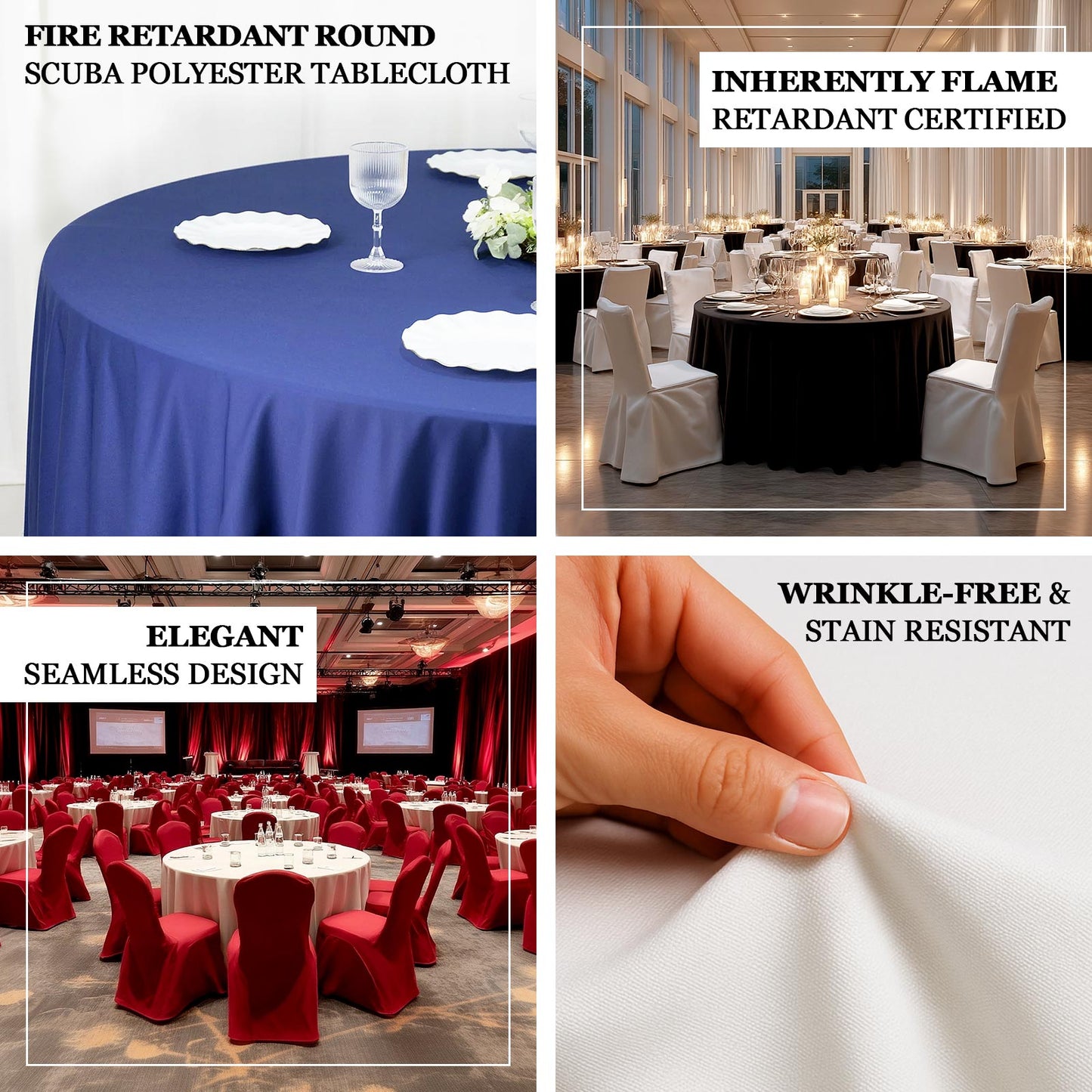 Fire Retardant Scuba Tablecloth – 90" Round, Wrinkle Free, Stain Resistant Polyester Cover