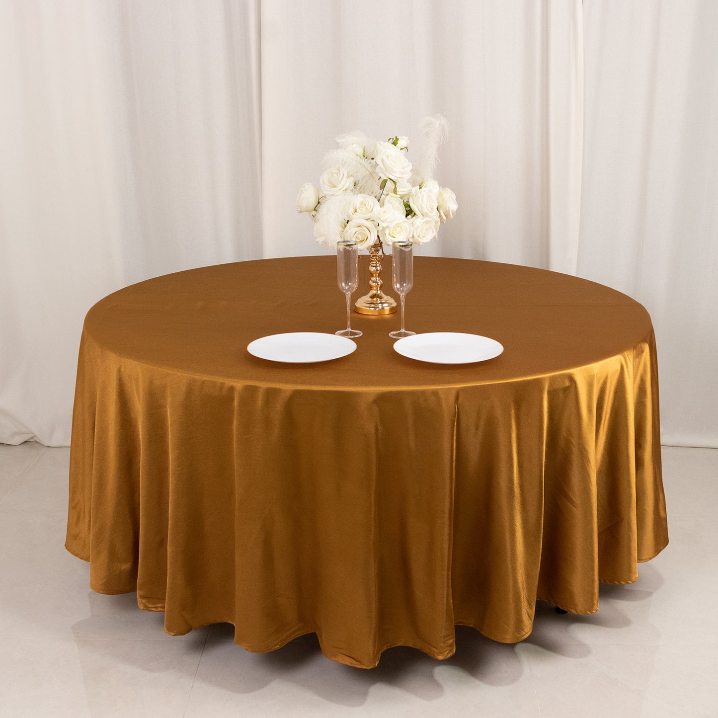 108" Shimmer Gold Premium Scuba Round Tablecloth, Wrinkle Free Polyester Tablecloth