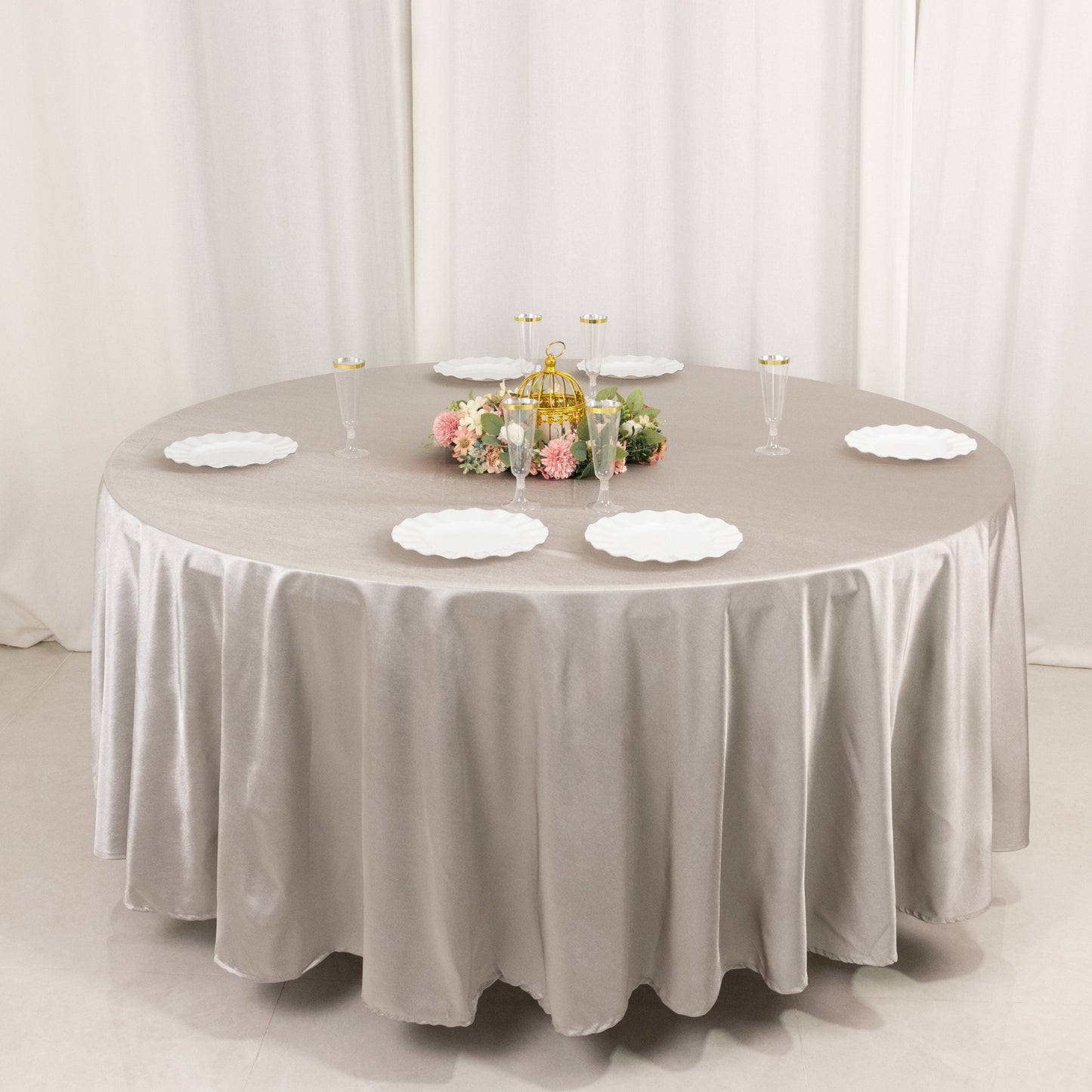 108" Shimmer Silver Premium Scuba Round Tablecloth, Wrinkle Free Polyester Tablecloth