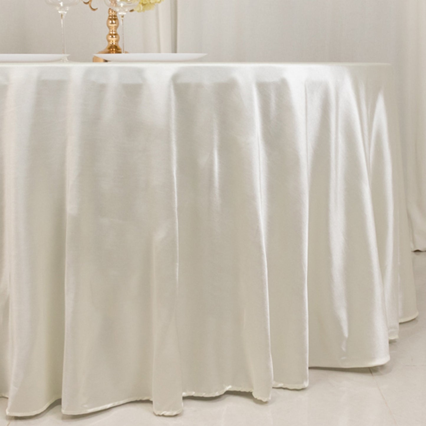 120" Shimmer Pearl White Premium Scuba Round Tablecloth, Wrinkle Free Seamless Polyester Table Cover for 5 Foot Table With Floor-Length Drop