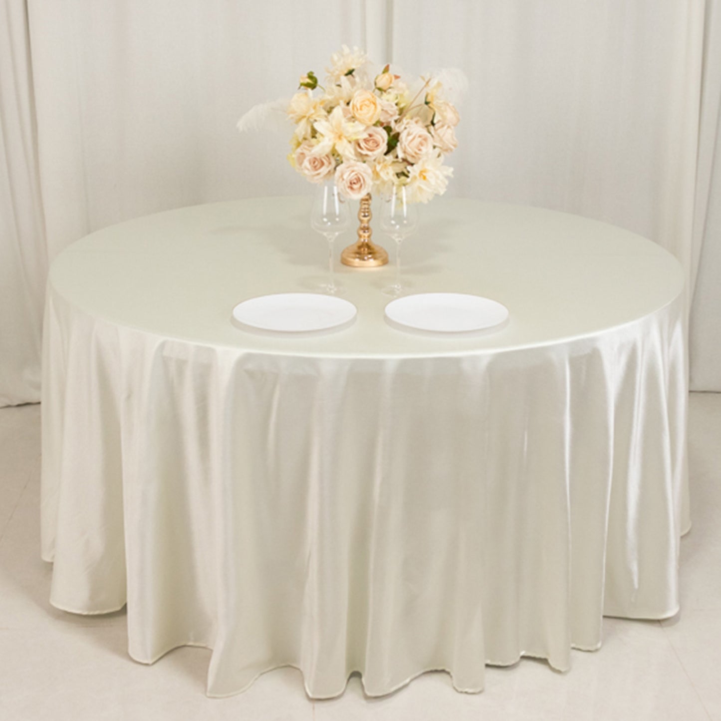 120" Shimmer Pearl White Premium Scuba Round Tablecloth, Wrinkle Free Seamless Polyester Table Cover for 5 Foot Table With Floor-Length Drop