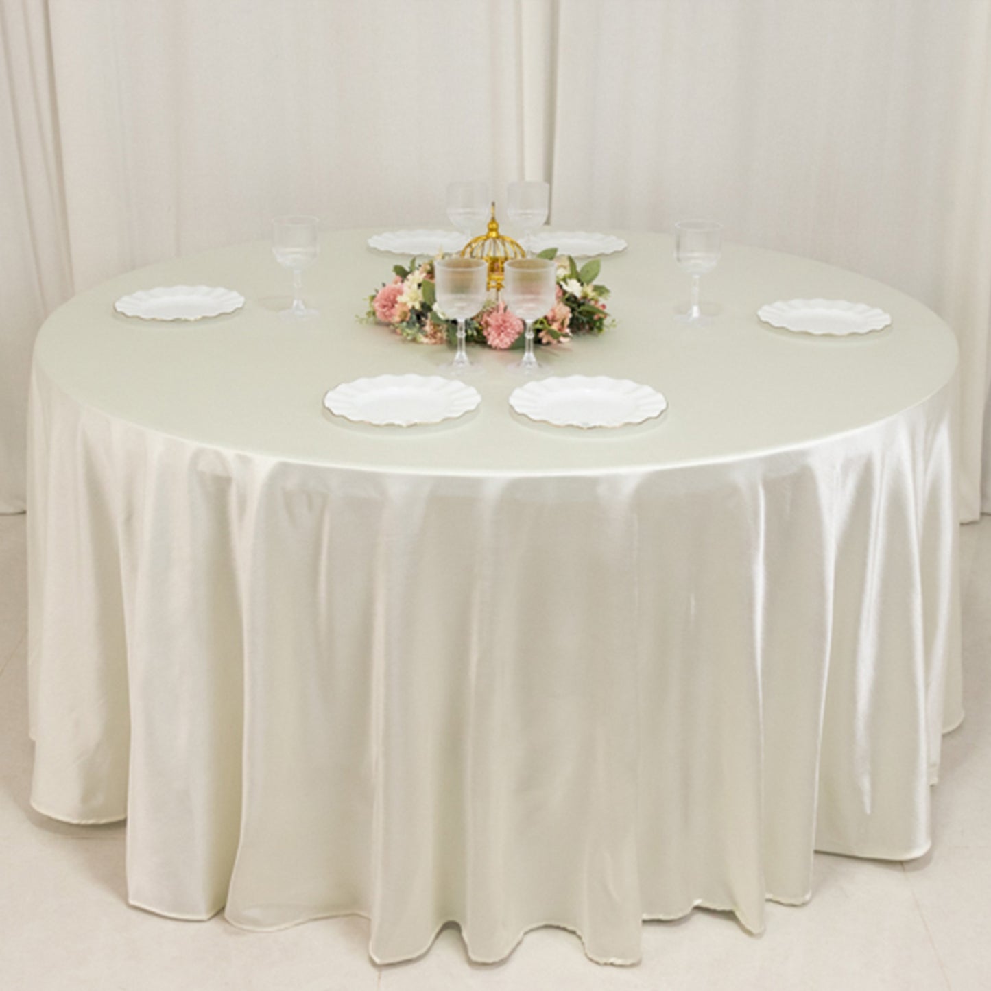 120" Shimmer Pearl White Premium Scuba Round Tablecloth, Wrinkle Free Seamless Polyester Table Cover for 5 Foot Table With Floor-Length Drop