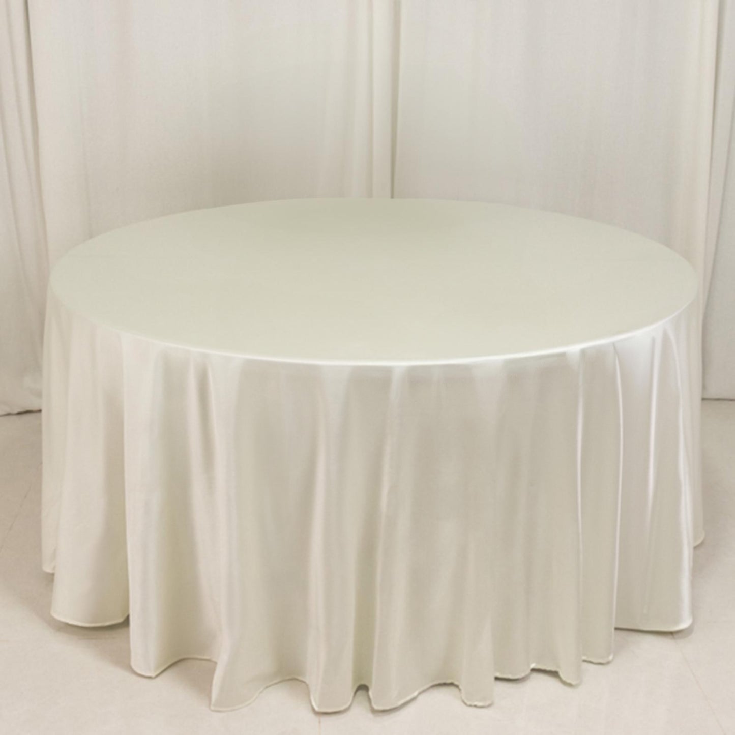120" Shimmer Pearl White Scuba Round Tablecloth, Wrinkle Free Seamless Polyester Table Cover for 5 Foot Table With Floor-Length Drop