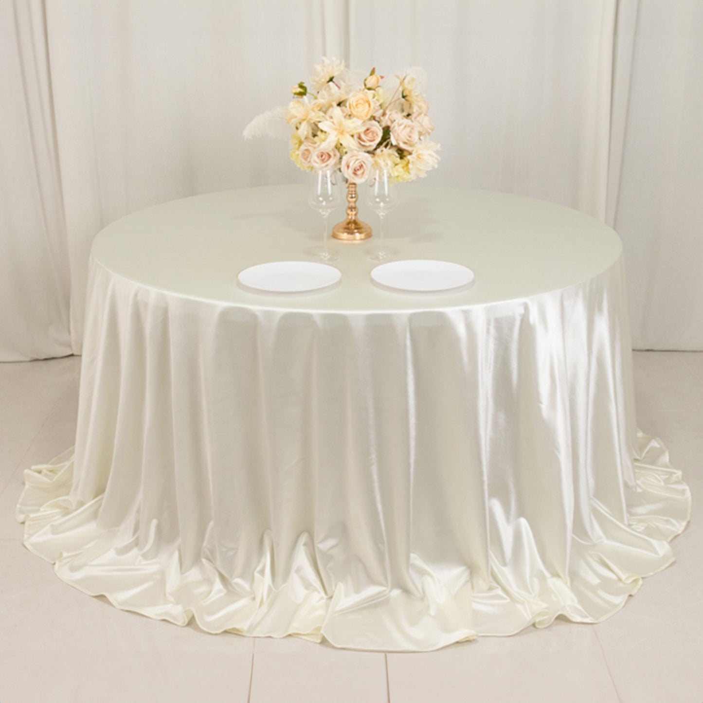132" Shimmer Pearl White Scuba Round Tablecloth, Wrinkle Free Seamless Polyester Table Cover for 6 Foot Table With Floor-Length Drop