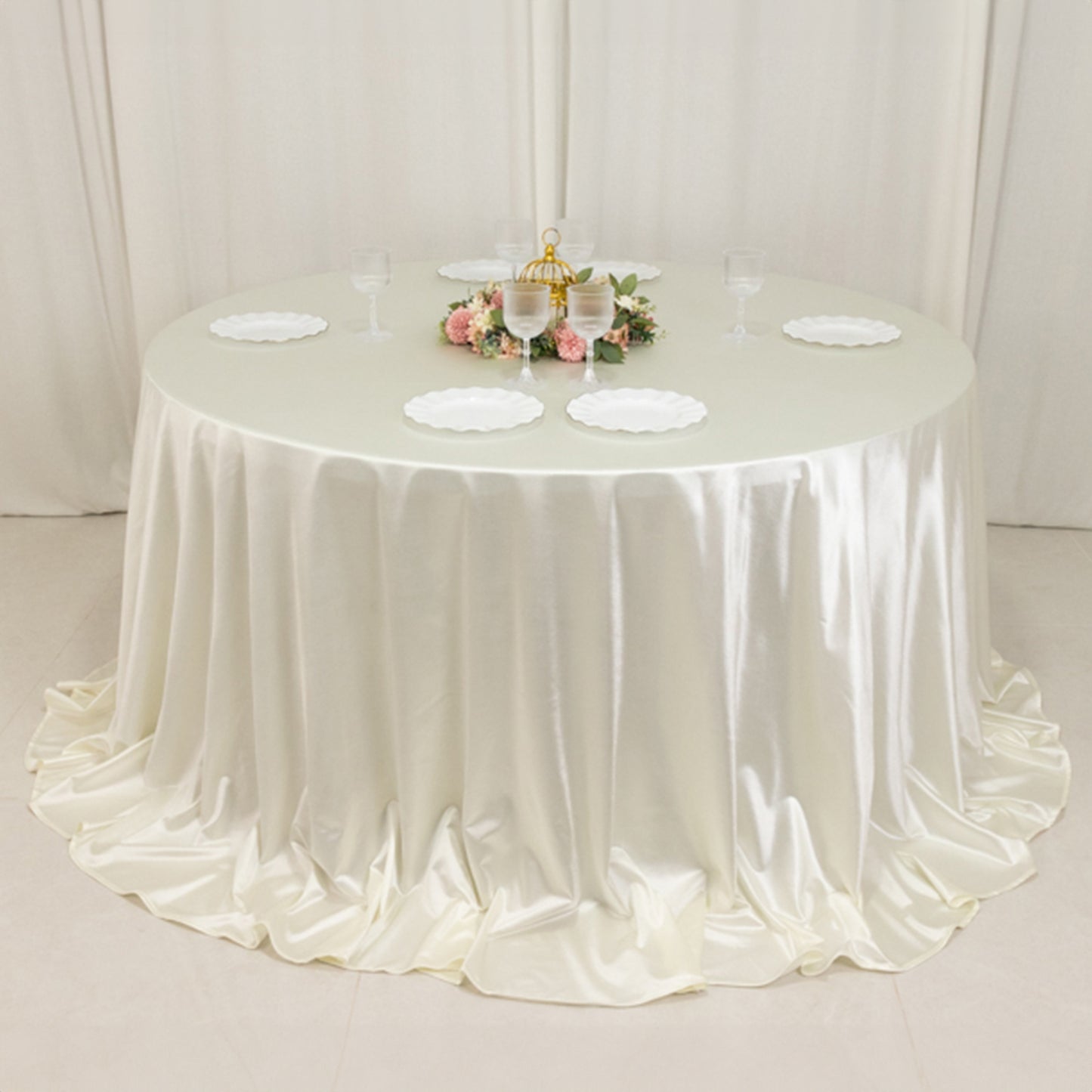 132" Shimmer Pearl White Scuba Round Tablecloth, Wrinkle Free Seamless Polyester Table Cover for 6 Foot Table With Floor-Length Drop