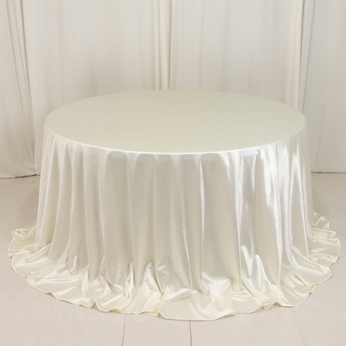 132" Shimmer Pearl White Scuba Round Tablecloth, Wrinkle Free Seamless Polyester Table Cover for 6 Foot Table With Floor-Length Drop