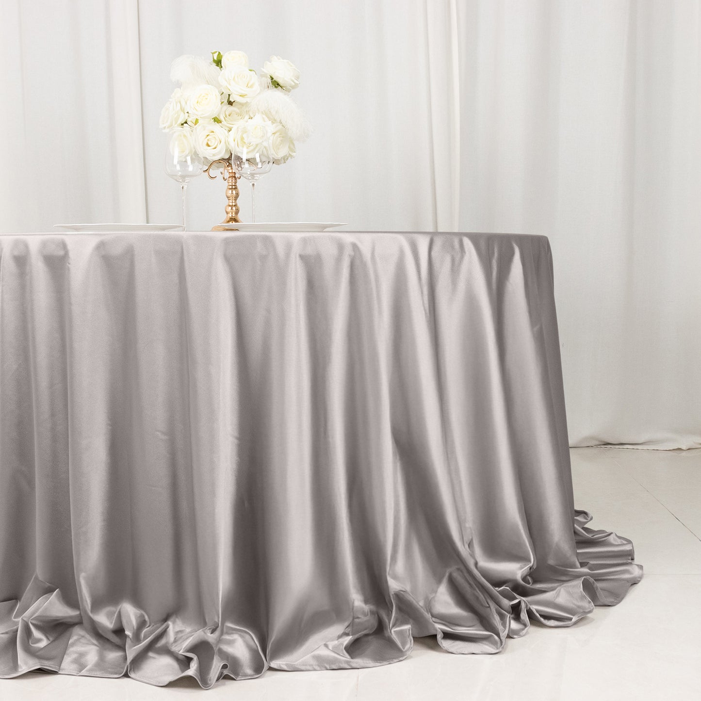 132" Shimmer Silver Scuba Round Tablecloth, Wrinkle Free Seamless Polyester Tablecloth
