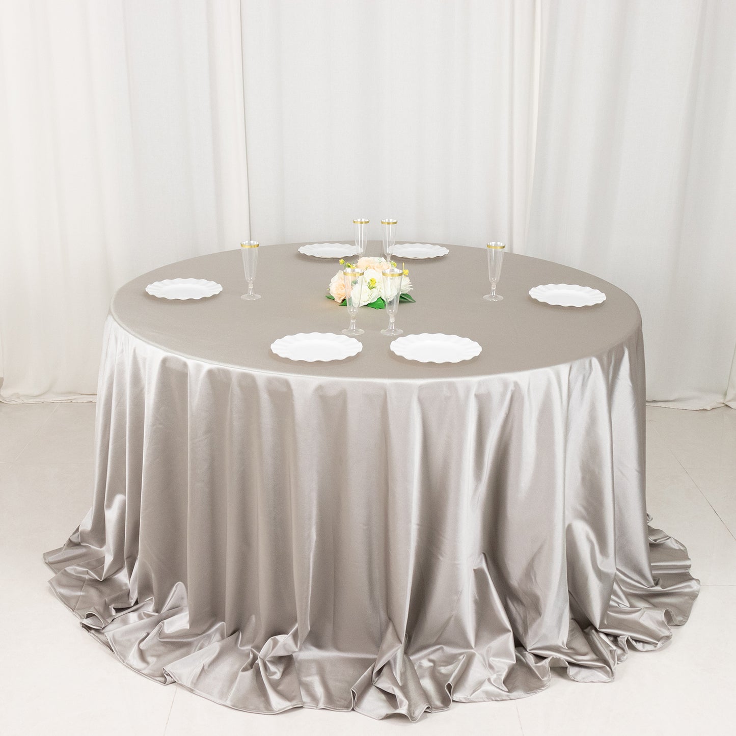 132" Shimmer Silver Premium Scuba Round Tablecloth, Wrinkle Free Seamless Polyester Tablecloth