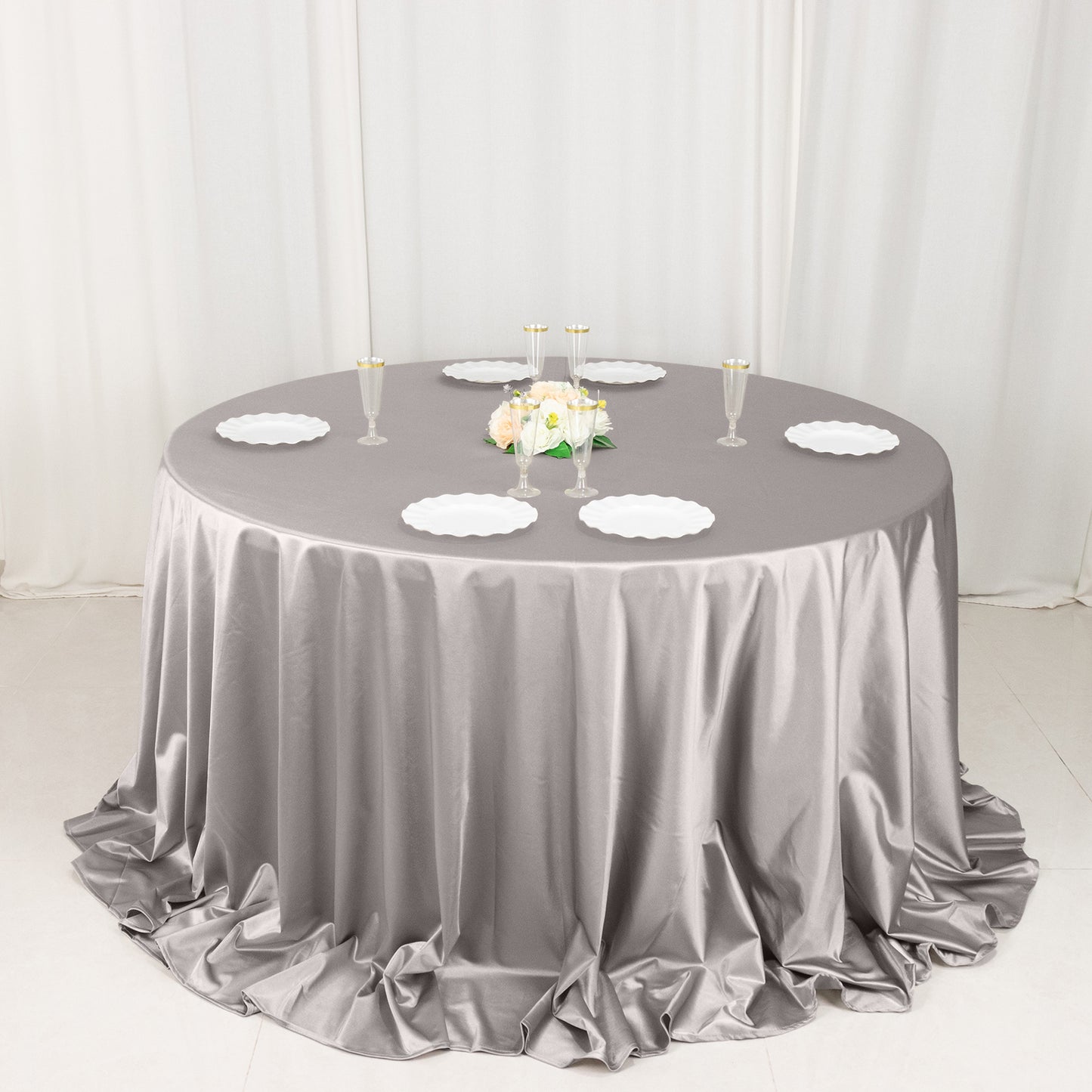132" Shimmer Silver Scuba Round Tablecloth, Wrinkle Free Seamless Polyester Tablecloth
