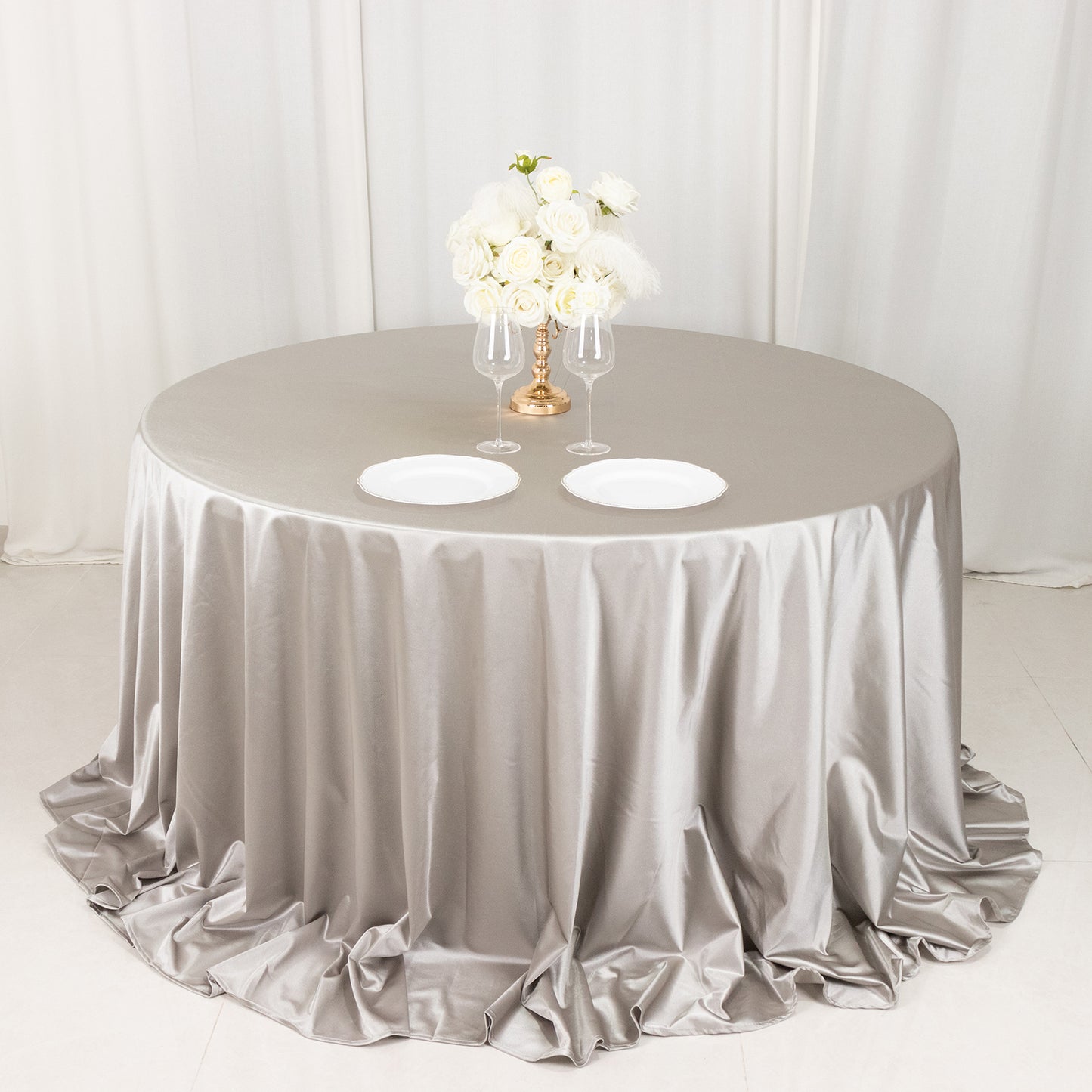 132" Shimmer Silver Premium Scuba Round Tablecloth, Wrinkle Free Seamless Polyester Tablecloth