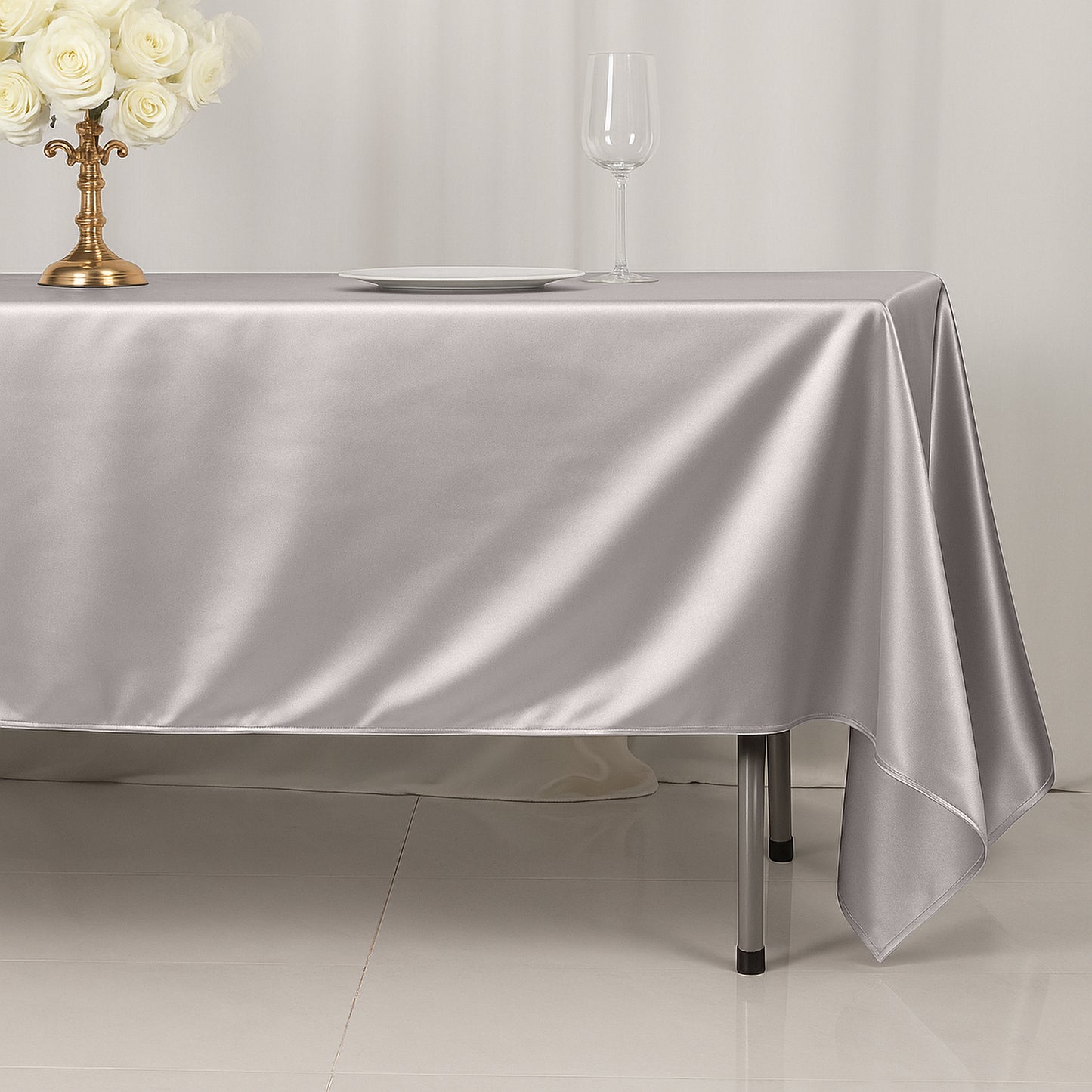 60"x102" Shimmer Silver Scuba Rectangle Tablecloth, Wrinkle Free Polyester Tablecloth
