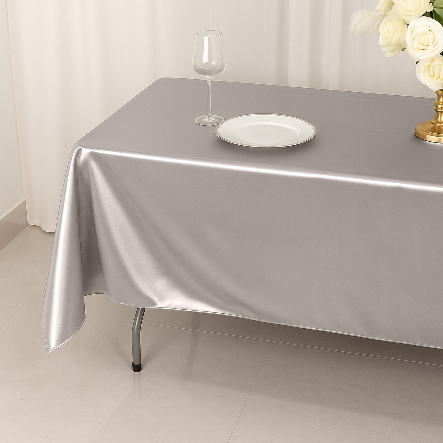 60"x102" Shimmer Silver Scuba Rectangle Tablecloth, Wrinkle Free Polyester Tablecloth