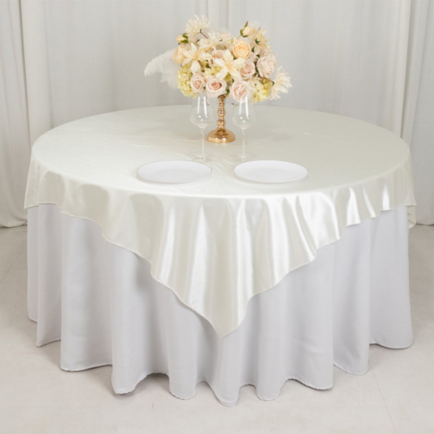 70"x70" Shimmer Pearl White Scuba Square Table Overlay, Wrinkle Free Seamless Premium Polyester Table Topper