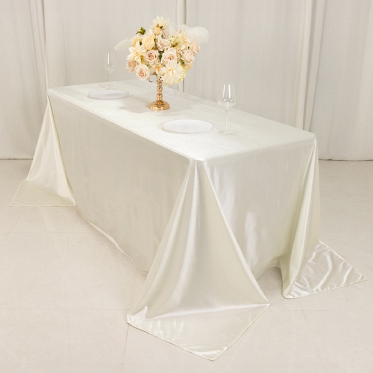 90"x132" Shimmer Pearl White Scuba Rectangle Tablecloth, Wrinkle Free Seamless Premium Polyester Table Cover for 6 Foot Tables With Floor-Length Drop