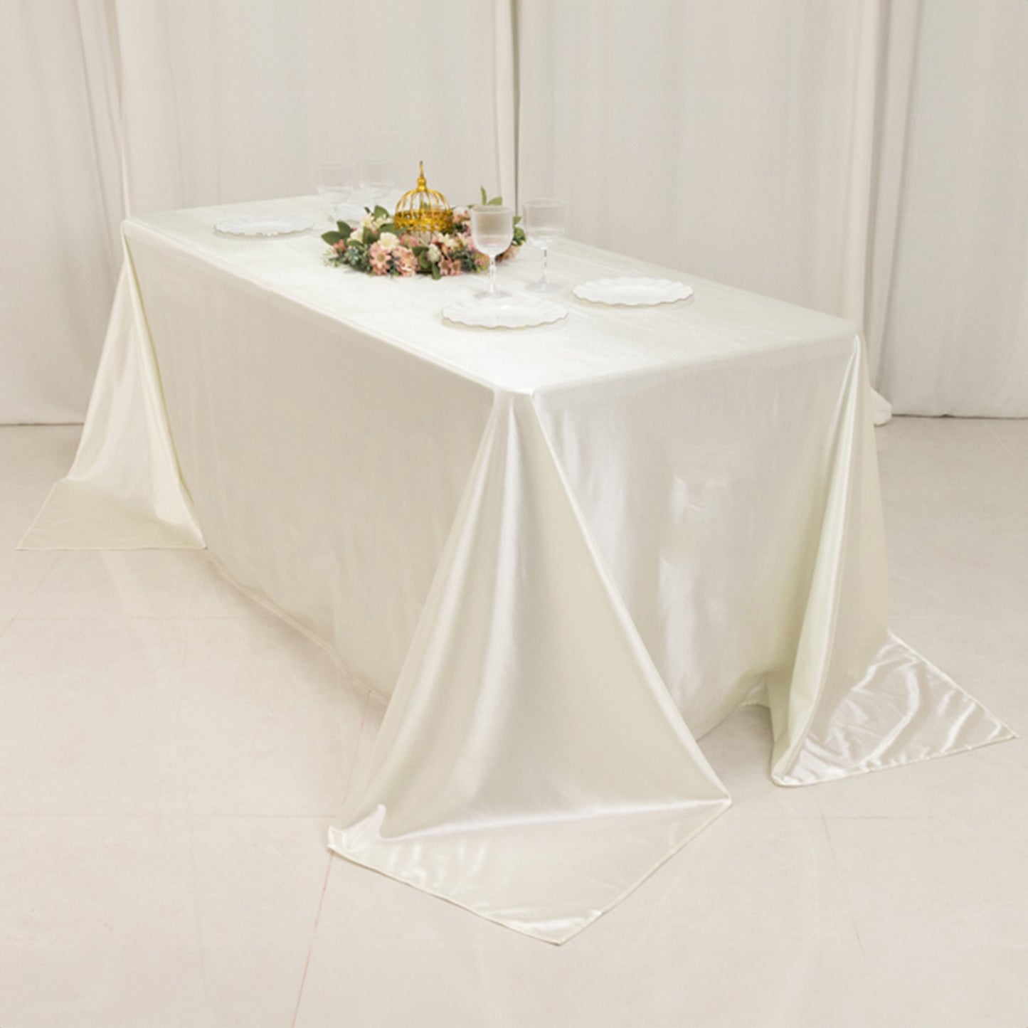 90"x132" Shimmer Pearl White Scuba Rectangle Tablecloth, Wrinkle Free Seamless Premium Polyester Table Cover for 6 Foot Tables With Floor-Length Drop