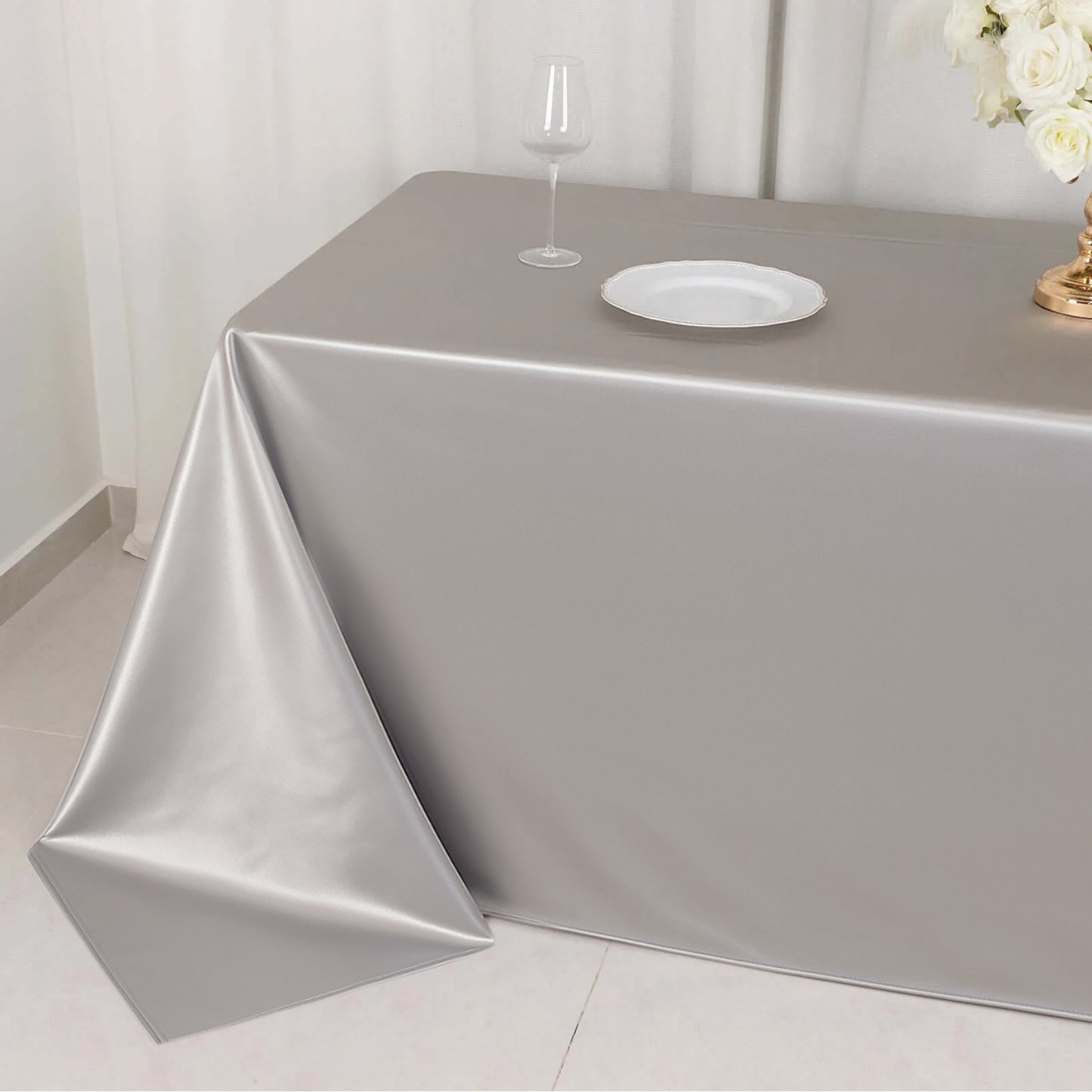 90"x132" Shimmer Silver Scuba Rectangle Tablecloth, Wrinkle Free Seamless Polyester Tablecloth for 6 Foot Table With Floor-Length Drop