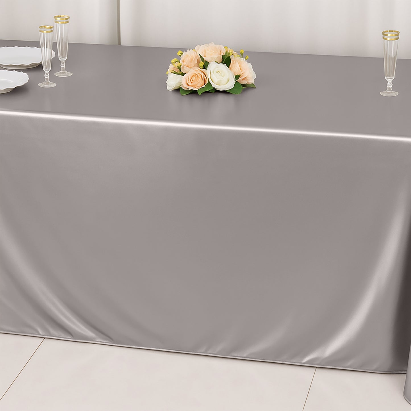 90"x132" Shimmer Silver Scuba Rectangle Tablecloth, Wrinkle Free Seamless Polyester Tablecloth for 6 Foot Table With Floor-Length Drop