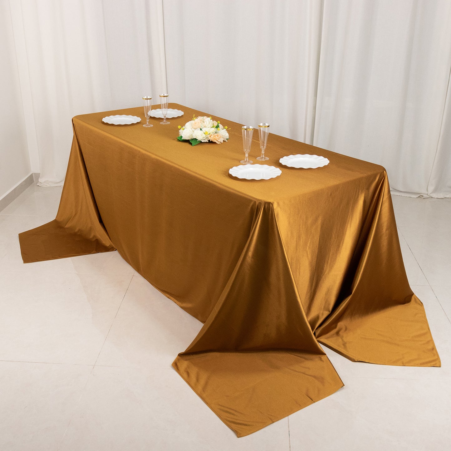 90"x156" Shimmer Gold Premium Scuba Rectangle Tablecloth, Wrinkle Free Seamless Polyester Tablecloth for 8 Foot Table With Floor-Length Drop