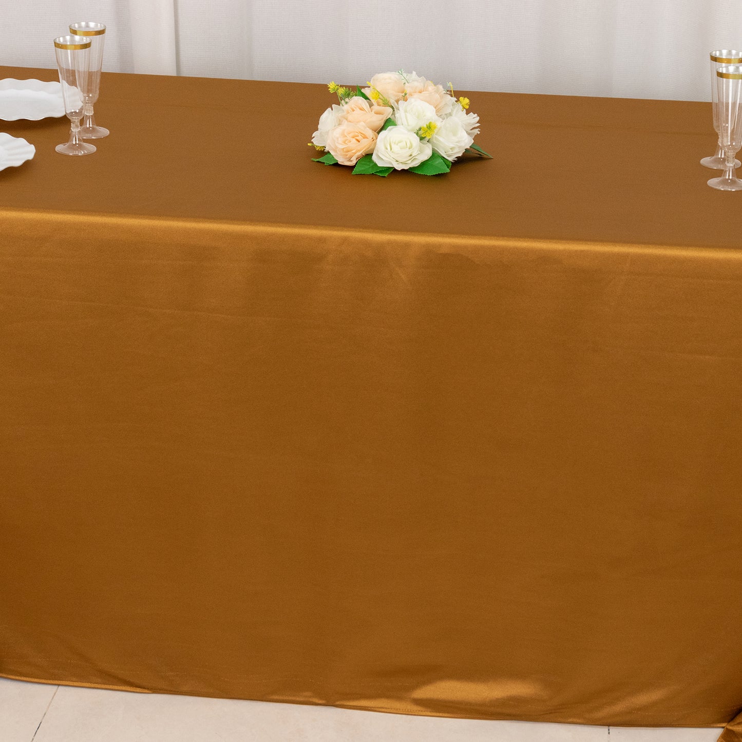 90"x156" Shimmer Gold Premium Scuba Rectangle Tablecloth, Wrinkle Free Seamless Polyester Tablecloth for 8 Foot Table With Floor-Length Drop