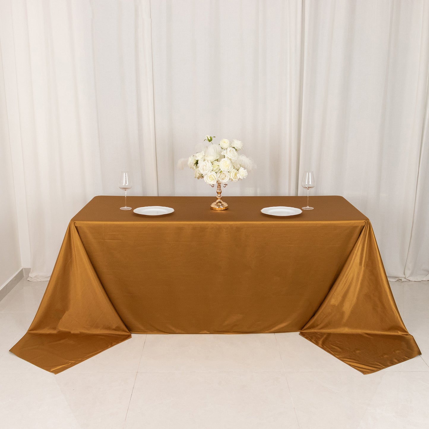 90"x156" Shimmer Gold Premium Scuba Rectangle Tablecloth, Wrinkle Free Seamless Polyester Tablecloth for 8 Foot Table With Floor-Length Drop