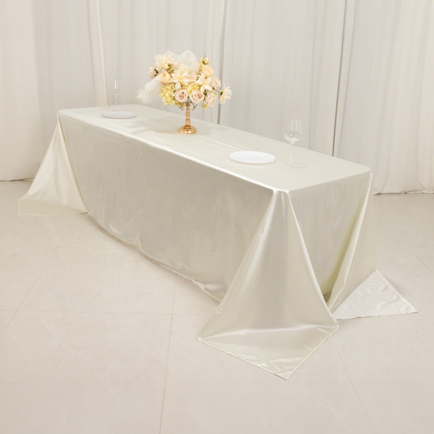 90"x156" Shimmer Pearl White Scuba Rectangle Tablecloth, Wrinkle Free Seamless Premium Polyester Table Cover for 8 Foot Tables With Floor-Length Drop