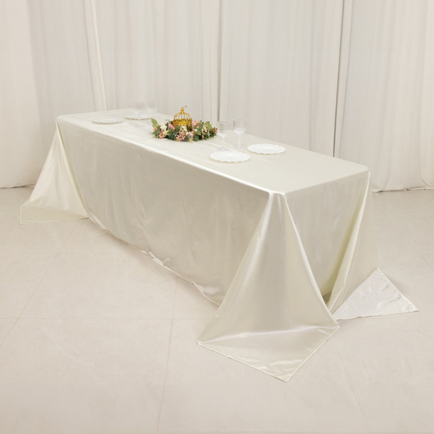 90"x156" Shimmer Pearl White Scuba Rectangle Tablecloth, Wrinkle Free Seamless Premium Polyester Table Cover for 8 Foot Tables With Floor-Length Drop