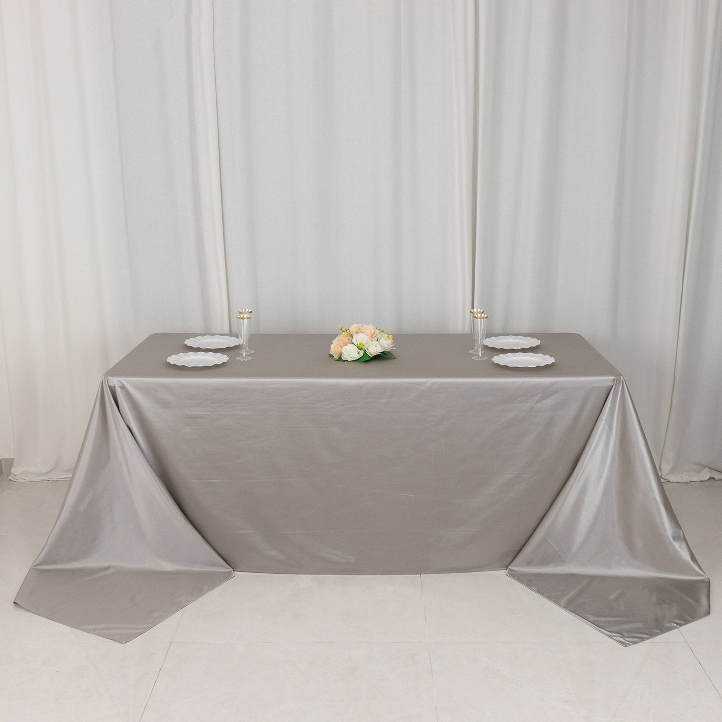 90"x156" Shimmer Silver Premium Scuba Rectangle Tablecloth, Wrinkle Free Seamless Polyester Tablecloth for 8 Foot Table With Floor-Length Drop