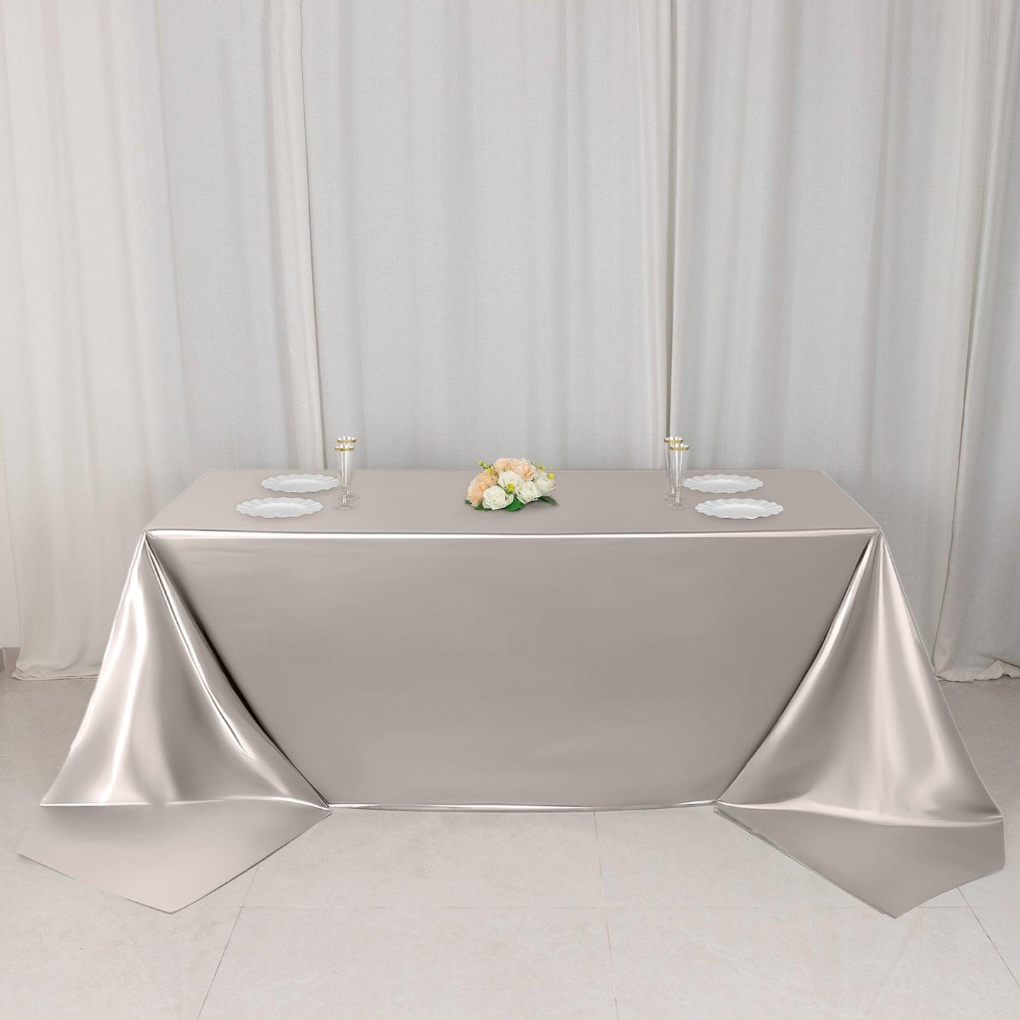 90"x156" Shimmer Silver Scuba Rectangle Tablecloth, Wrinkle Free Seamless Polyester Tablecloth for 8 Foot Table With Floor-Length Drop