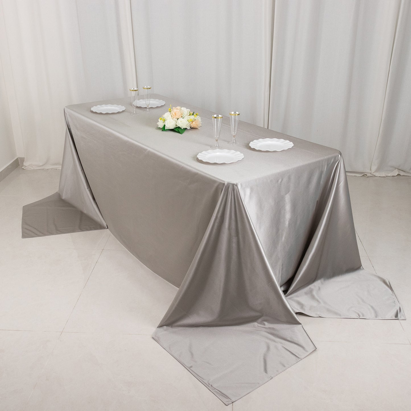 90"x156" Shimmer Silver Premium Scuba Rectangle Tablecloth, Wrinkle Free Seamless Polyester Tablecloth for 8 Foot Table With Floor-Length Drop