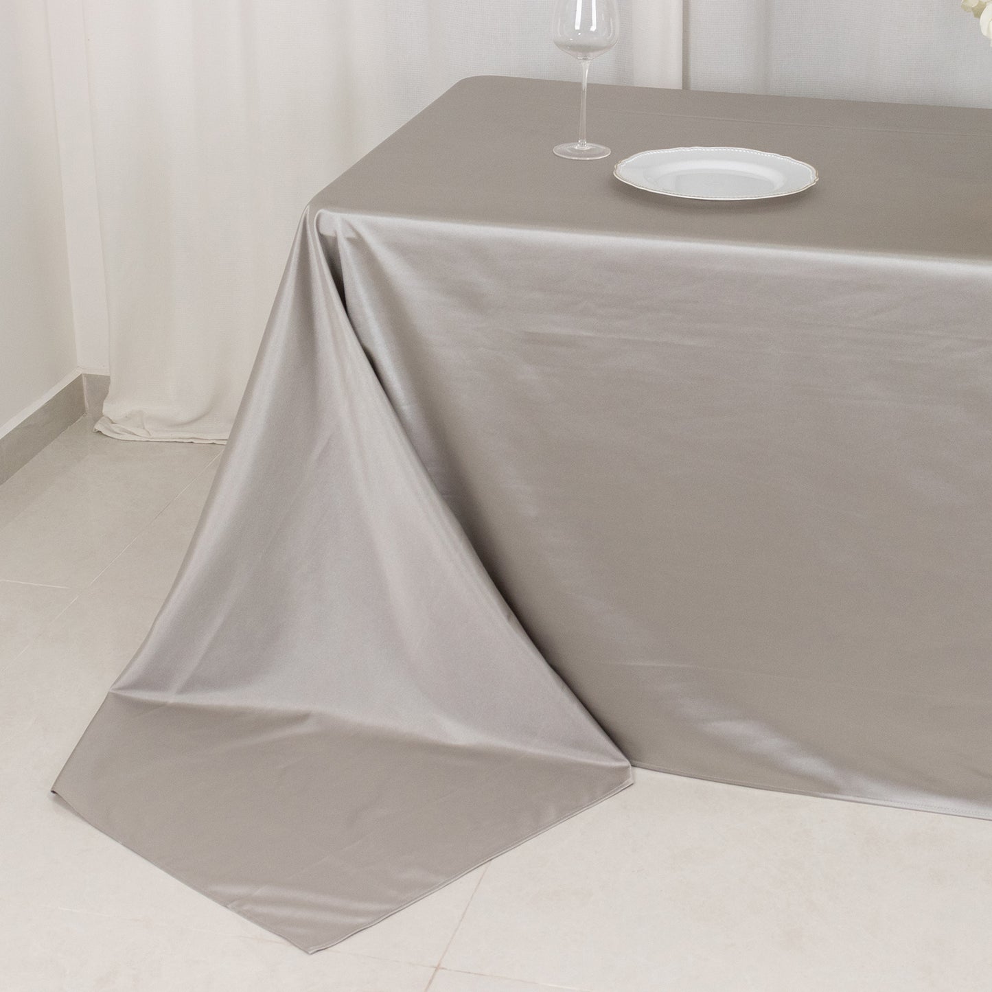 90"x156" Shimmer Silver Premium Scuba Rectangle Tablecloth, Wrinkle Free Seamless Polyester Tablecloth for 8 Foot Table With Floor-Length Drop